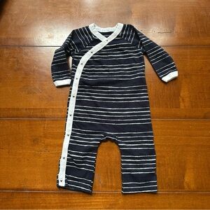 Burts Bees Baby Navy+White Stripe Romper- 0-3m Snap Buttons Front Long Sleeve